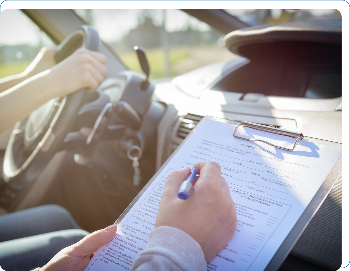 Driving test with examiner marking checklist. Driving test with examiner marking checklist.