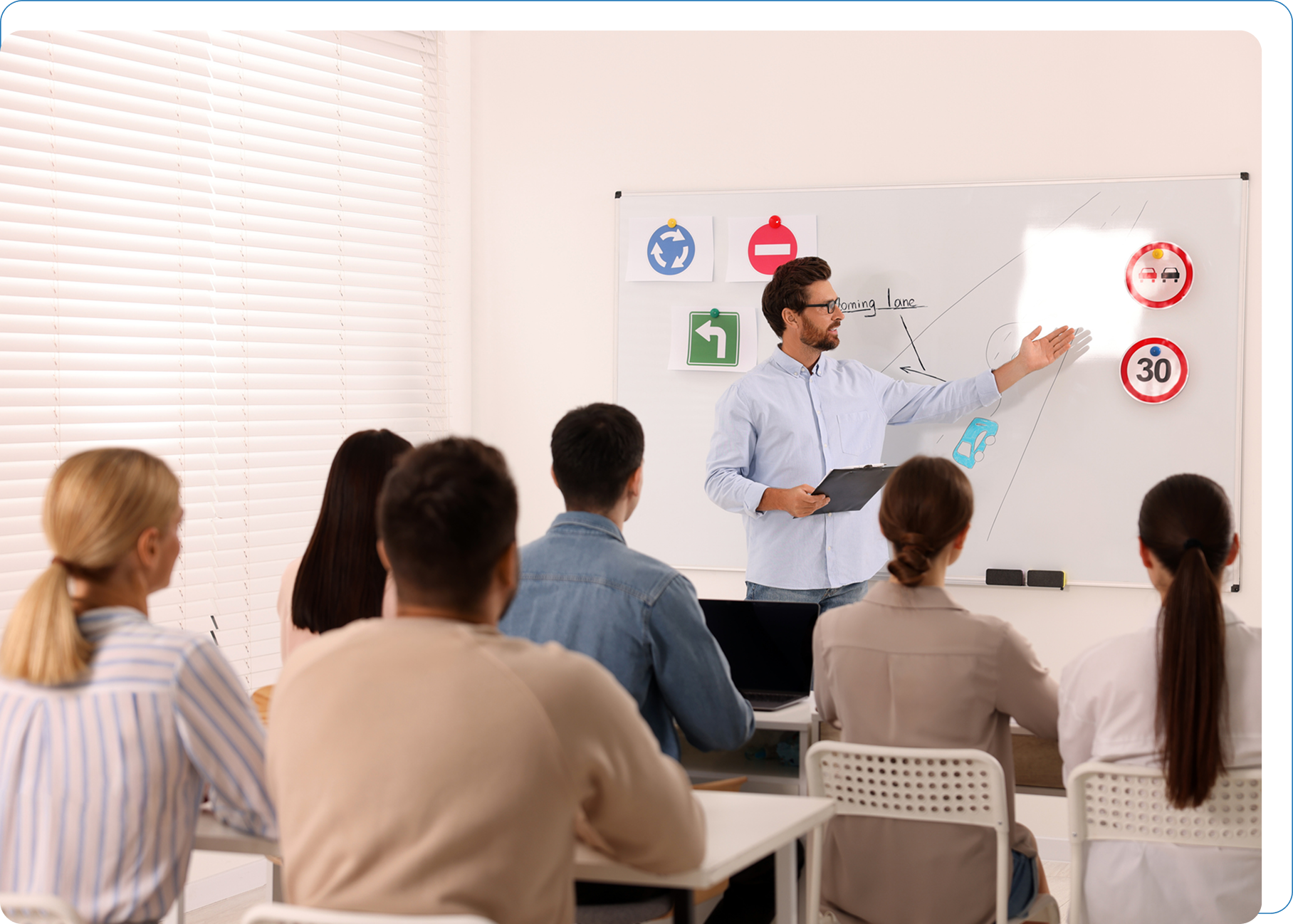Classroom with instructor teaching road signs. Classroom with instructor teaching road signs.
