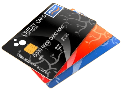 Stack of three colorful credit cards.