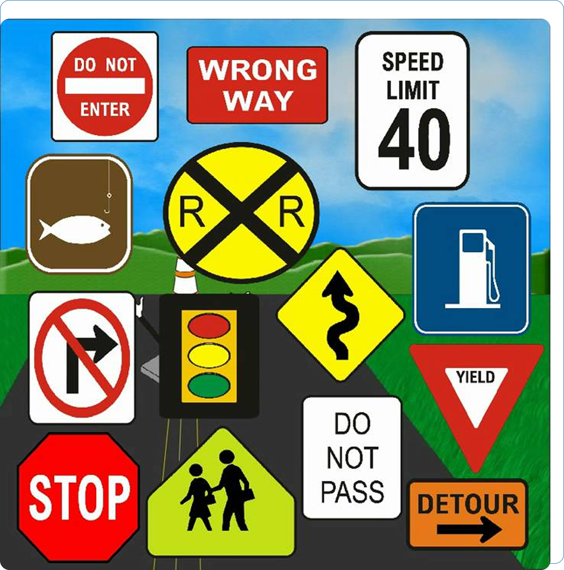 Various road signs on a scenic background.