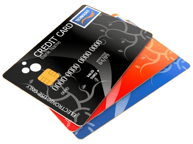 Stack of three colorful credit cards.
