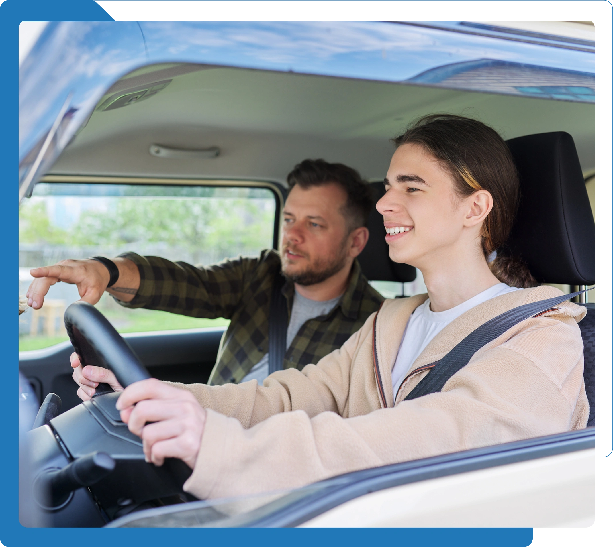 Teen learning to drive with instructor's guidance. Teen learning to drive with instructor's guidance.