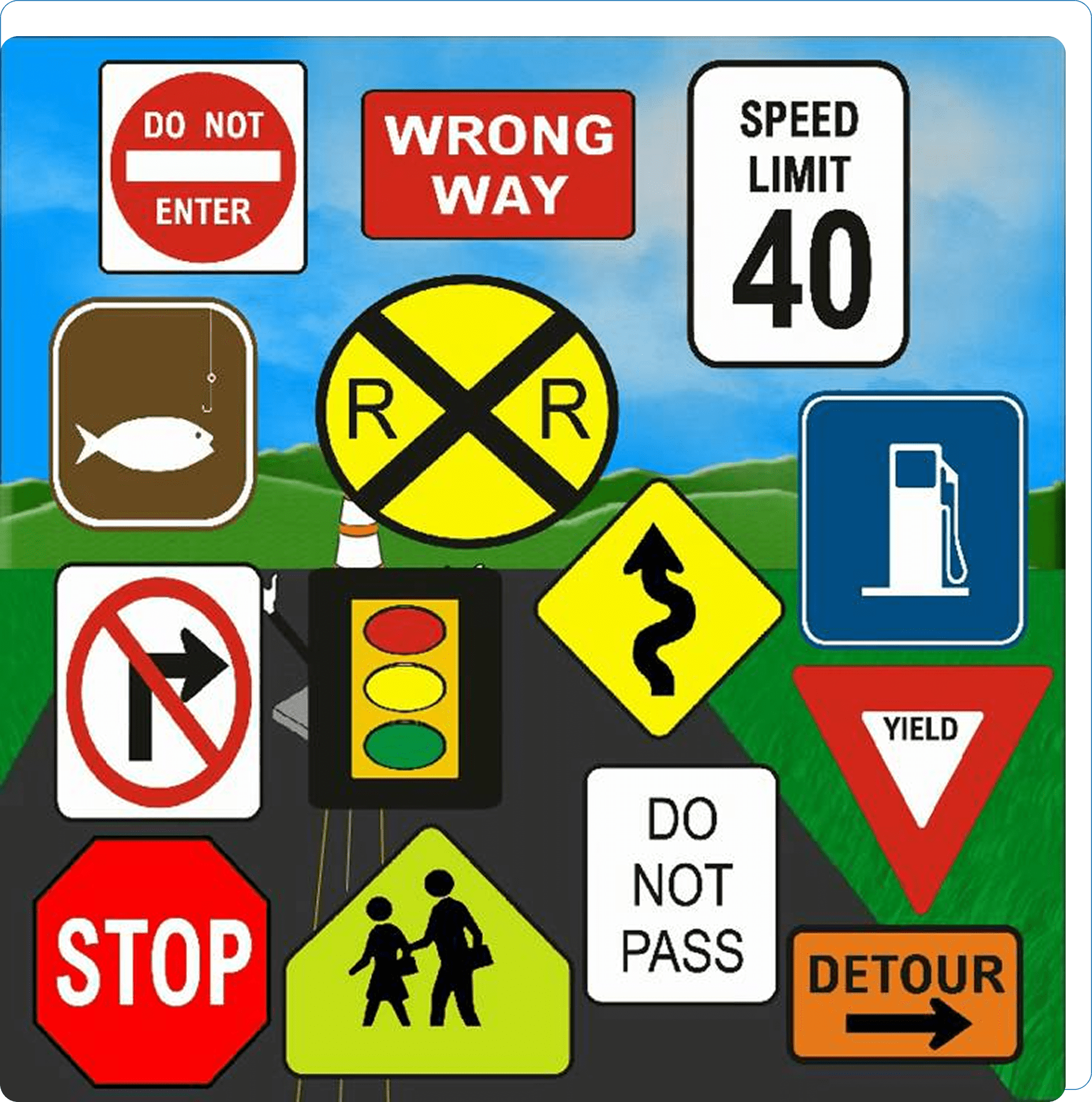 Various road signs on a scenic background.